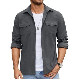 Men's Dark Gray Button Down Waffle Shirt Jacket Casual Long Sleeve Shacket